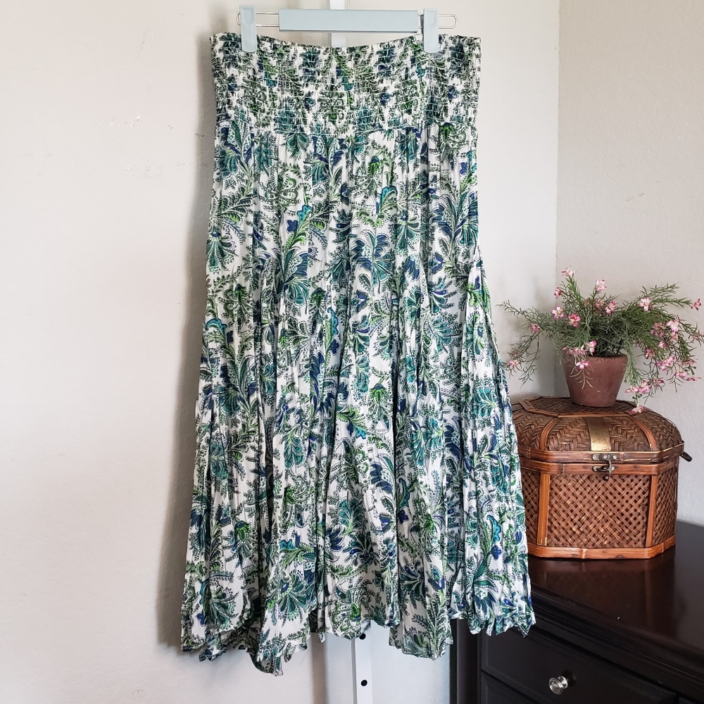Chelsea & Theodore Boho Floral Cotton Maxi A Line Skirt Green Blue White Size L